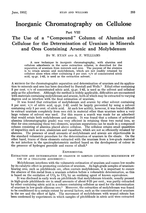 Inorganic chromatography on cellulose. Part VIII. The use of a “compound” column of alumina and cellulose for the determination of uranium in minerals and ores containing arsenic and molybdenum