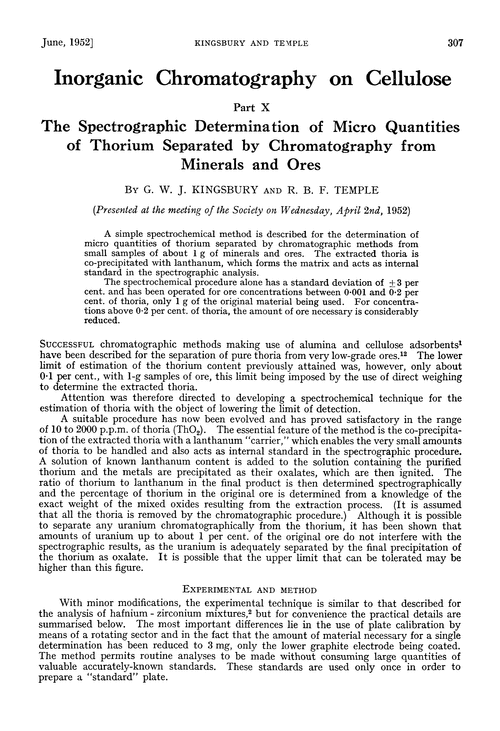 Inorganic chromatography on cellulose. Part X. The spectrographic determination of micro quantities of thorium separated by chromatography from minerals and ores