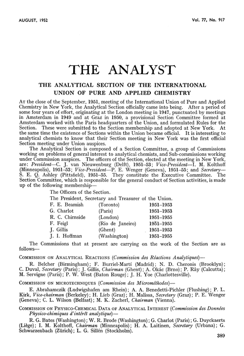 The Analytical Section of the International Union of Pure and Applied Chemistry
