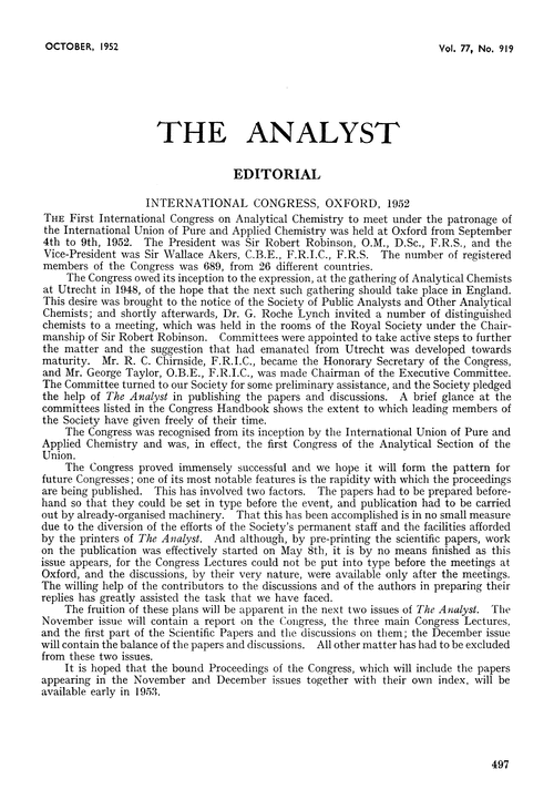 Editorial. International Congress, Oxford, 1952