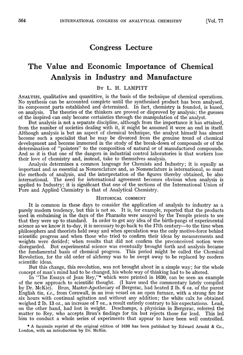 Congress lecture. The value and economic importance of chemical analysis in industry and manufacture