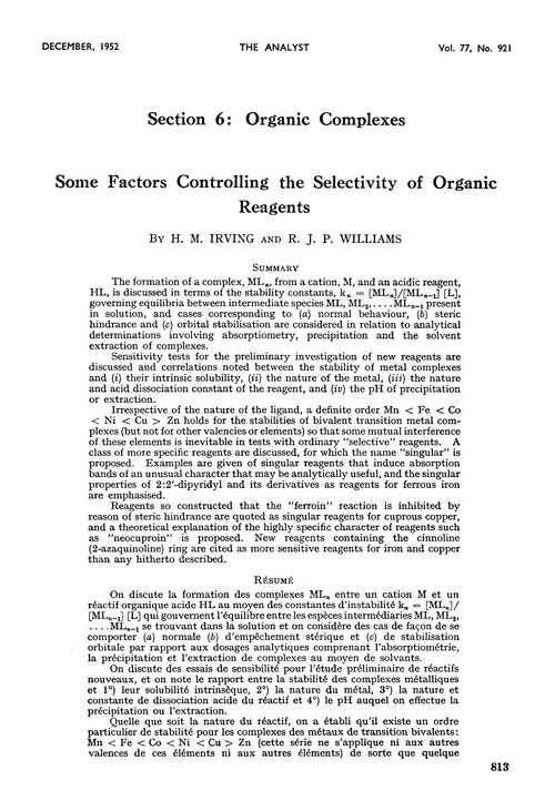Section 6: organic complexes. Some factors controlling the selectivity of organic reagents