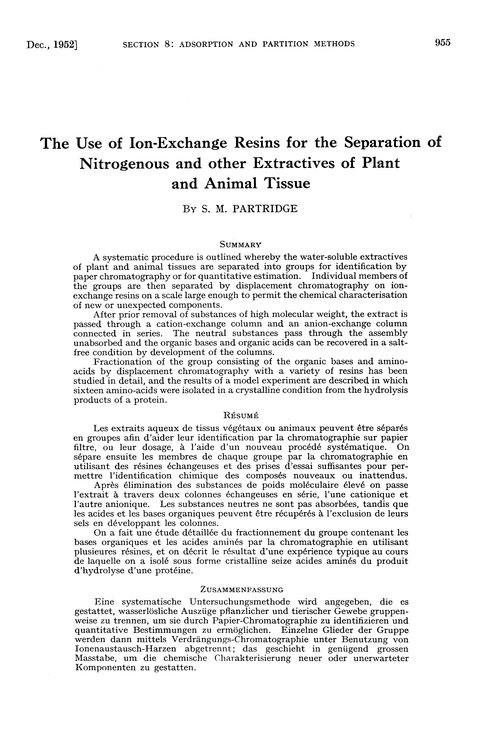 The use of ion-exchange resins for the separation of nitrogenous and other extractives of plant and animal tissue