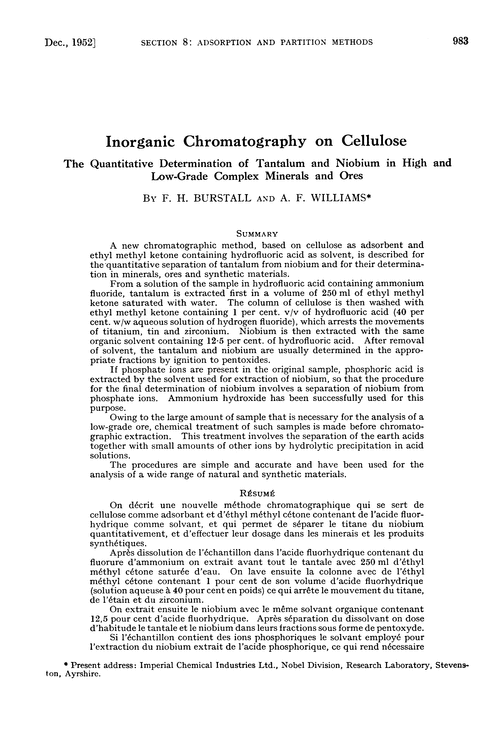 Inorganic chromatography on cellulose. The quantitative determination of tantalum and niobium in high and low-grade complex minerals and ores