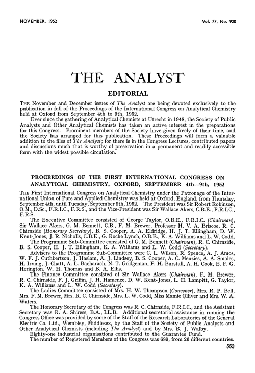 Proceedings of the First International Congress on Analytical Chemistry, Oxford, September 4th–9th, 1952