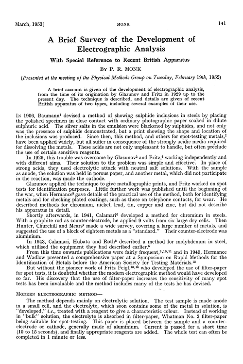 A brief survey of the development of electrographic analysis. With special reference to recent British apparatus