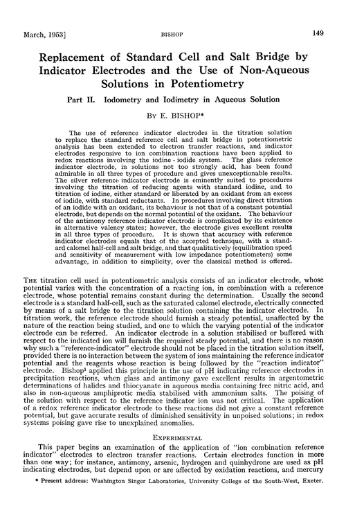 Replacement of standard cell and salt bridge by indicator electrodes and the use of non-aqueous solutions in potentiometry. Part II. Iodometry and iodimetry in aqueous solution