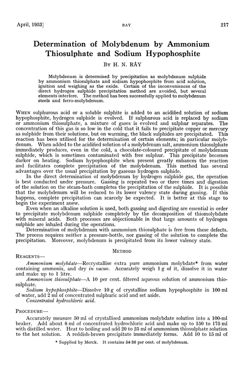 Determination of molybdenum by ammonium thiosulphate and sodium hypophosphite