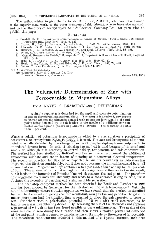 The volumetric determination of zinc with ferrocyanide in magnesium alloys