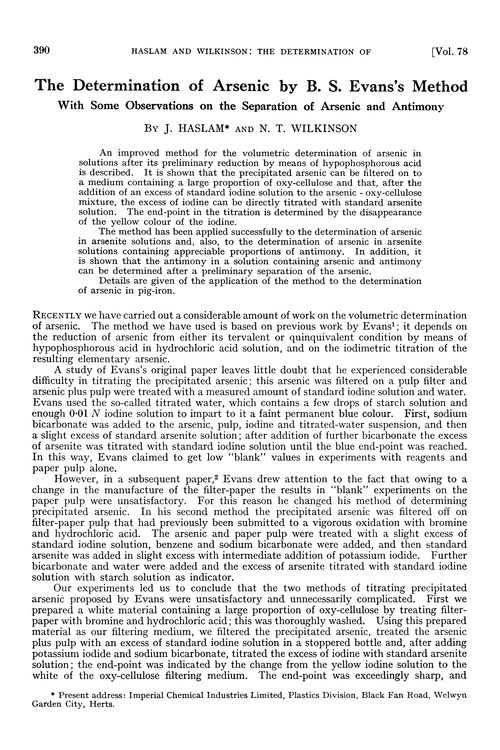 The determination of arsenic by B.S. Evans's method. With some observations on the separation of arsenic and antimony