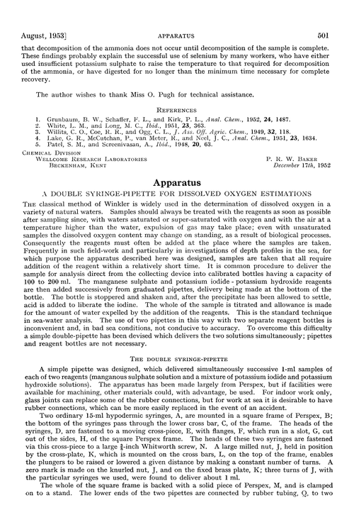 Apparatus. A double-syringe pipette for dissolved oxygen estimations