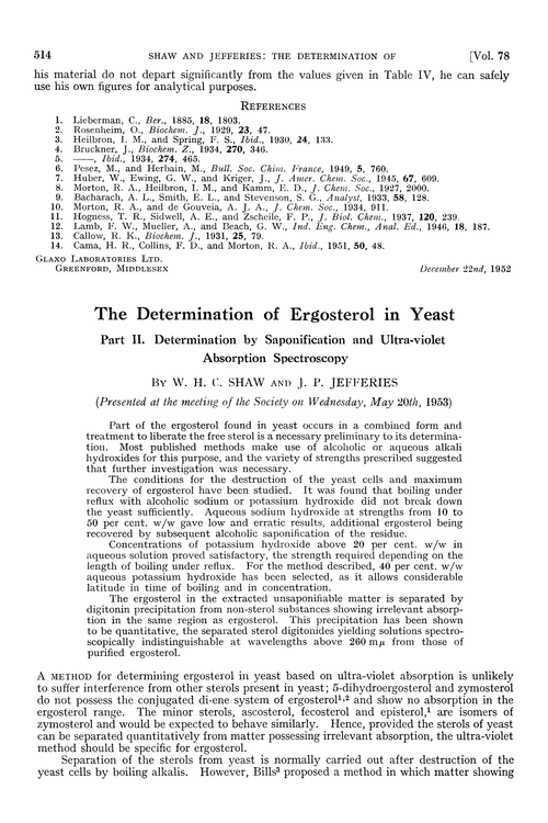 The determination of ergosterol in yeast. Part II. Determination by saponification and ultra-violet absorption spectroscopy