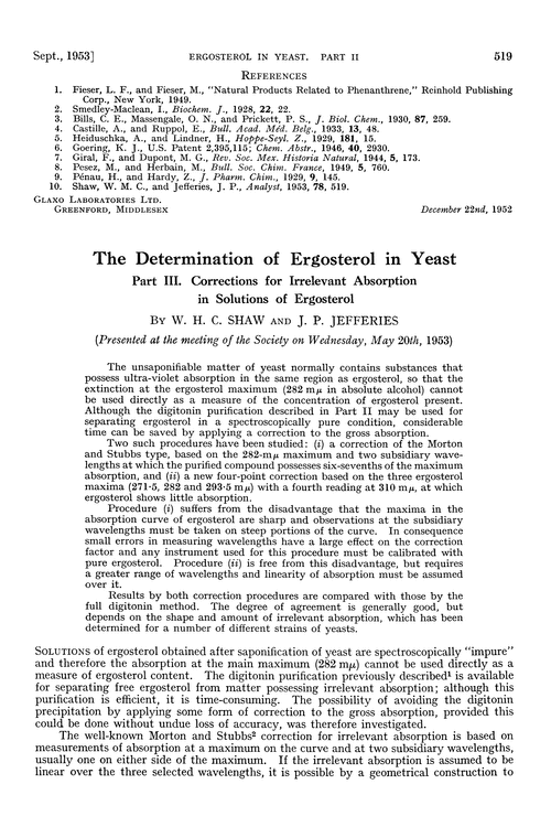 The determination of ergosterol in yeast. Part III. Corrections for irrelevant absorption in solutions of ergosterol