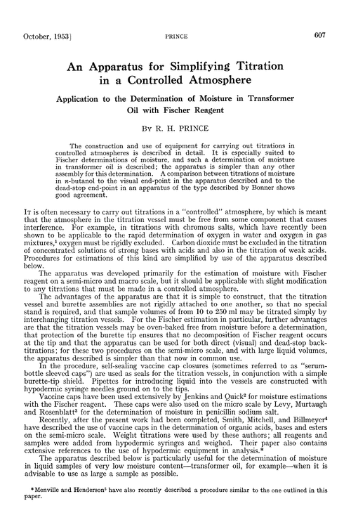 An apparatus for simplifying titration in a controlled atmosphere. Application to the determination of moisture in transformer oil with Fischer reagent