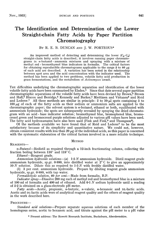 The identification and determination of the lower straight-chain fatty acids by paper partition chromatography