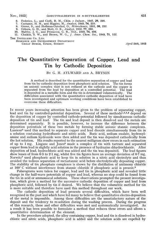 The quantitative separation of copper, lead and tin by cathodic deposition