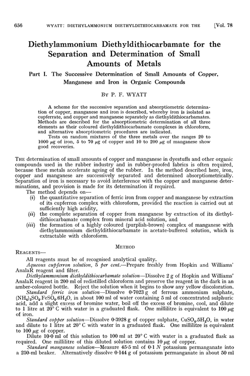 Diethylammonium diethyldithiocarbamate for the separation and determination of small amounts of metals. Part I. The successive determination of small amounts of copper, manganese and iron in organic compounds