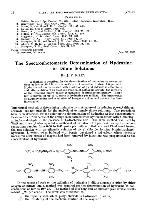 The spectrophotometric determination of hydrazine in dilute solutions