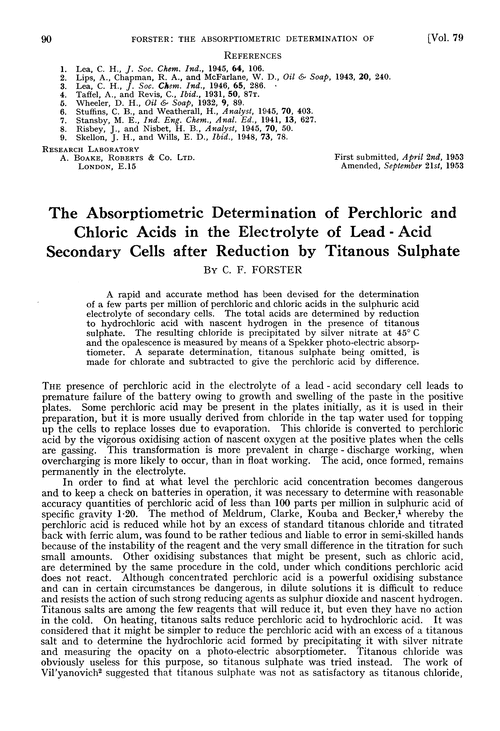 The absorptiometric determination of perchloric and chloric acids in the electrolyte of lead-acid secondary cells after reduction by titanous sulphate