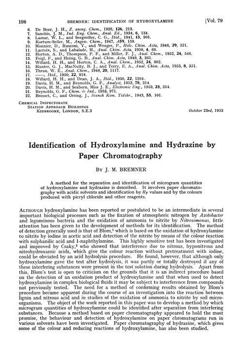 Identification of hydroxylamine and hydrazine by paper chromatography