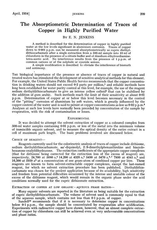 The absorptiometric determination of traces of copper in highly purified water