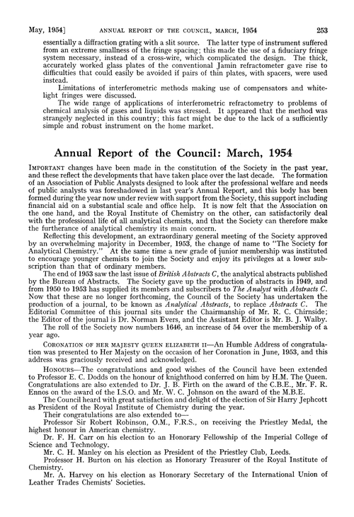 Annual Report of the Council: March, 1954