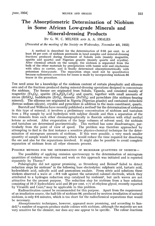 The absorptiometric determination of niobium in some African low-grade minerals and mineral-dressing products