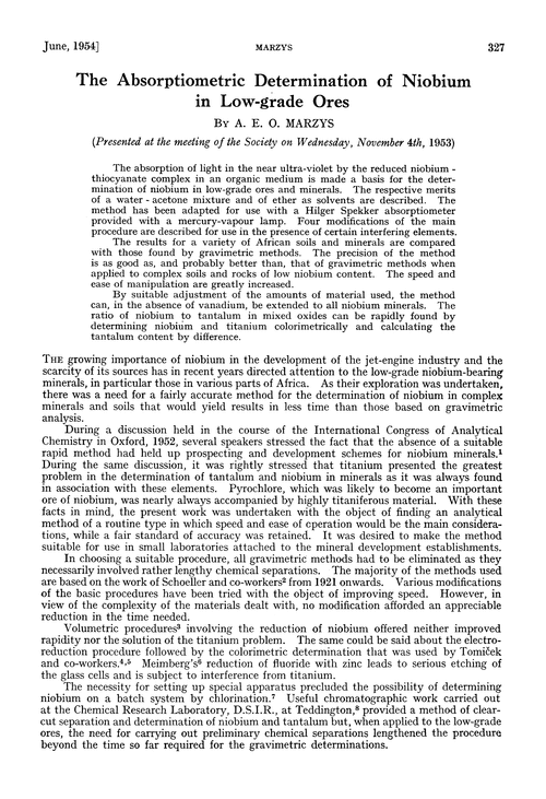 The absorptiometric determination of niobium in low-grade ores