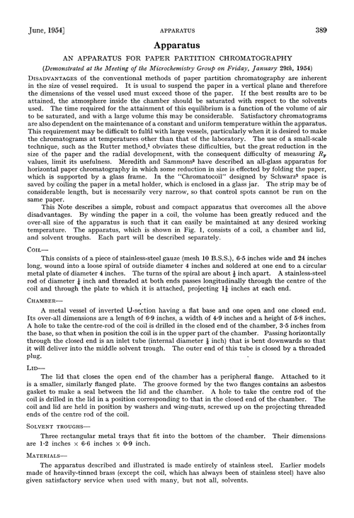 Apparatus. An apparatus for paper partition chromatography