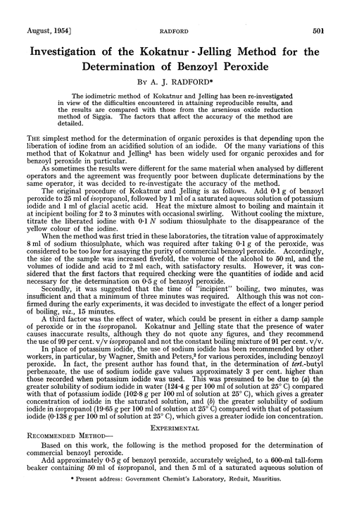 Investigation of the Kokatnur-Jelling method for the determination of benzoyl peroxide