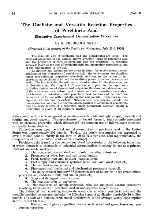 The dualistic and versatile reaction properties of perchloric acid. Illustrative experimental demonstration procedures