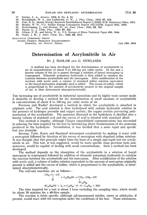 Determination of acrylonitrile in air