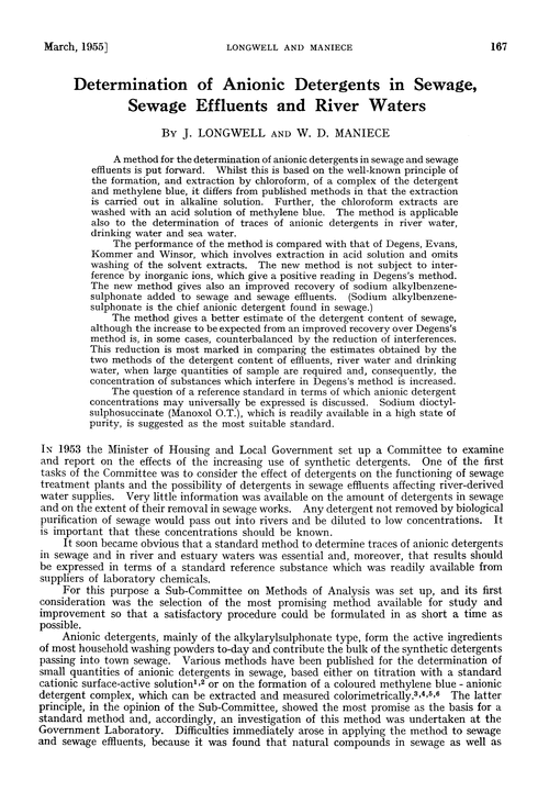 Determination of anionic detergents in sewage, sewage effluents and river waters