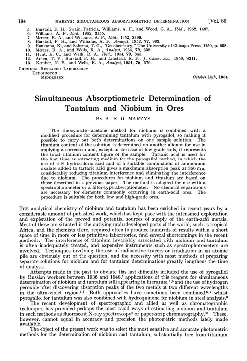Simultaneous absorptiometric determination of tantalum and niobium in ores