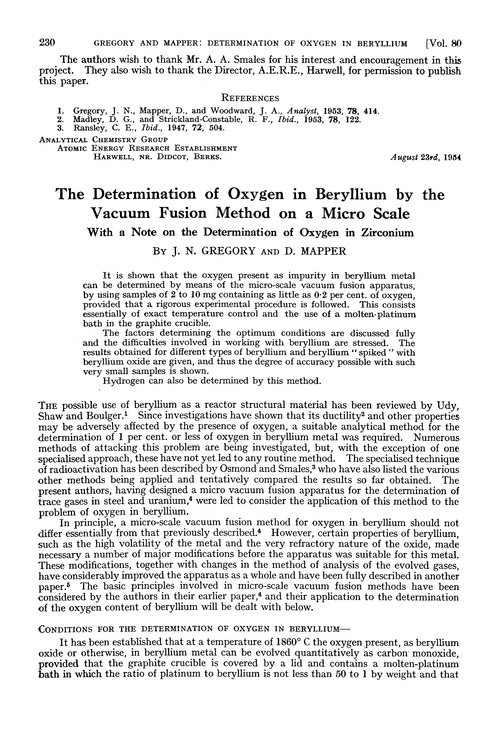 The determination of oxygen in beryllium by the vacuum fusion method on a micro scale. With a note on the determination of oxygen in zirconium