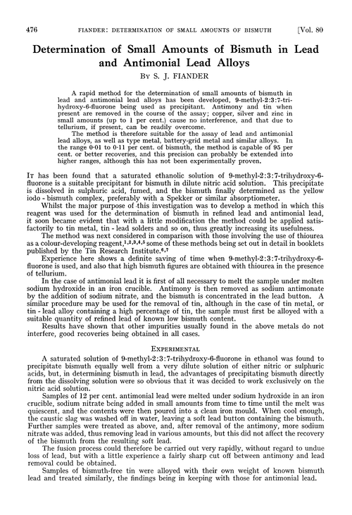 Determination of small amounts of bismuth in lead and antimonial lead alloys