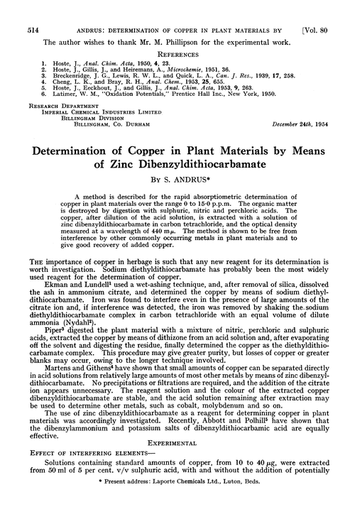 Determination of copper in plant materials by means of zinc dibenzyldithiocarbamate