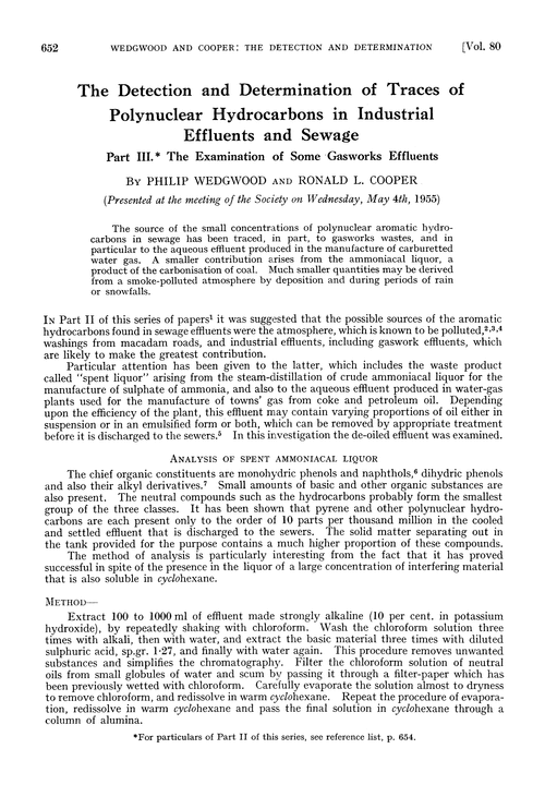 The detection and determination of traces of polynuclear hydrocarbons in industrial effluents and sewage. Part III. The examination of some gasworks effluents