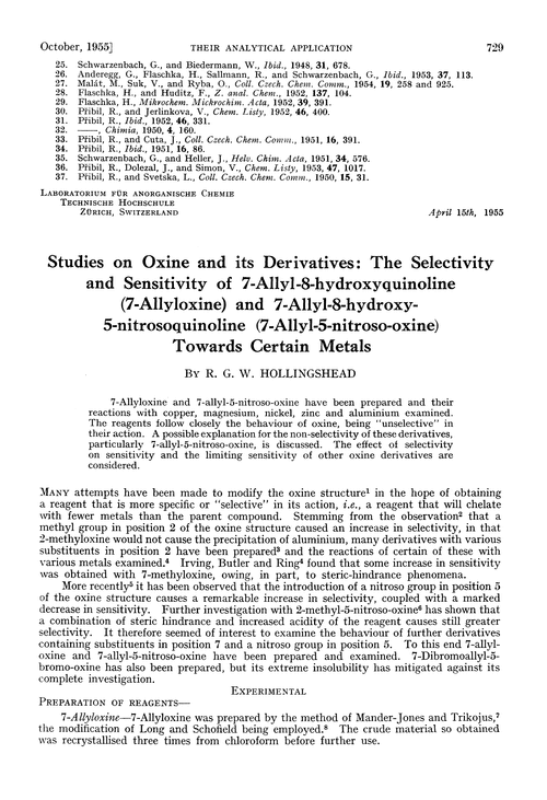 Studies on oxine and its derivatives: the selectivity and sensitivity of 7-allyl-8-hydroxyquinoline (7-allyloxine) and 7-allyl-8-hydroxy-5-nitrosoquinoline (7-allyl-5-nitroso-oxine) towards certain metals