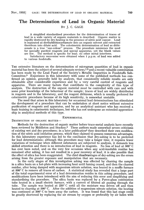 The determination of lead in organic material