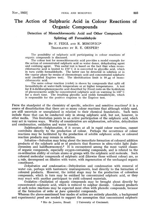 The action of sulphuric acid in colour reactions of organic compounds. Detection of monochloroacetic acid and other compounds splitting off formaldehyde