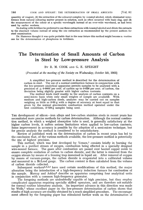 The determination of small amounts of carbon in steel by low-pressure analysis