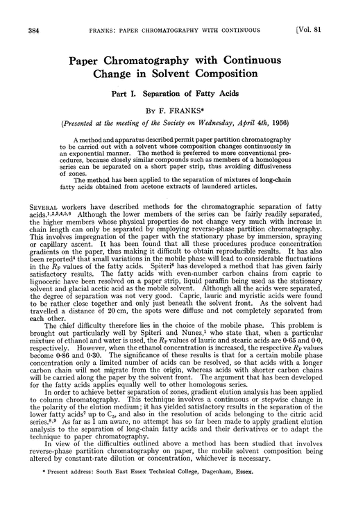 Paper chromatography with continuous change in solvent composition. Part I. Separation of fatty acids