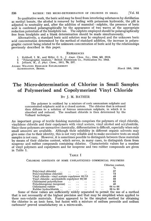 The micro-determination of chlorine in small samples of polymerised and copolymerised vinyl chloride