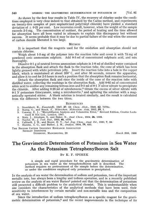 The gravimetric determination of potassium in sea water as the potassium tetraphenylboron salt