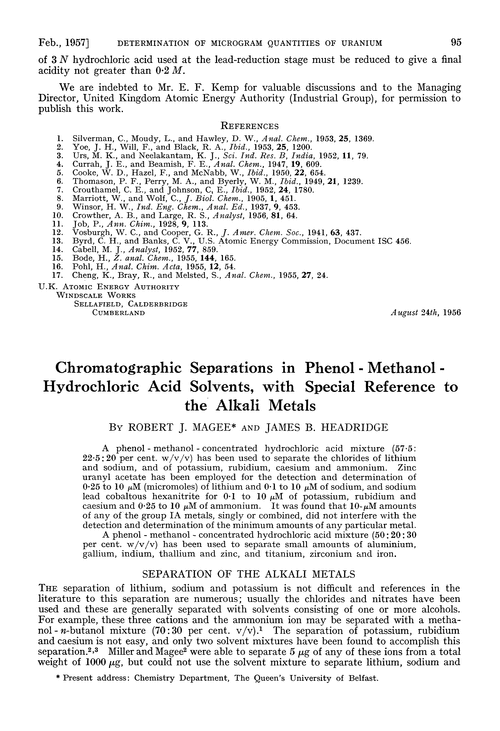 Chromatographic separations in phenol-methanol-hydrochloric acid solvents, with special reference to the alkali metals