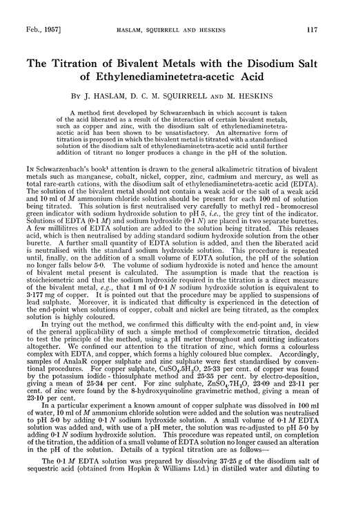 The titration of bivalent metals with the disodium salt of ethylenediaminetetra-acetic acid