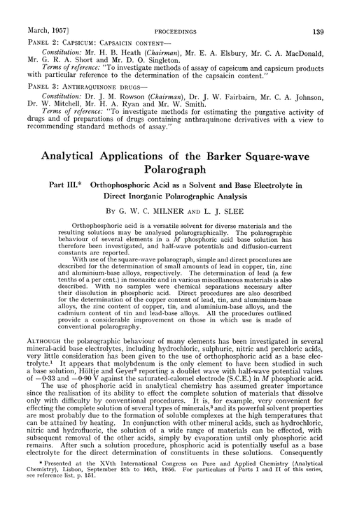 Analytical applications of the Barker square-wave polarograph. Part III. Orthophosphoric acid as a solvent and base electrolyte in direct inorganic polarographic analysis