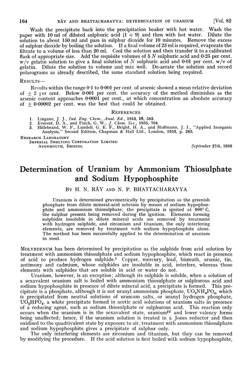 Determination of uranium by ammonium thiosulphate and sodium hypophosphite
