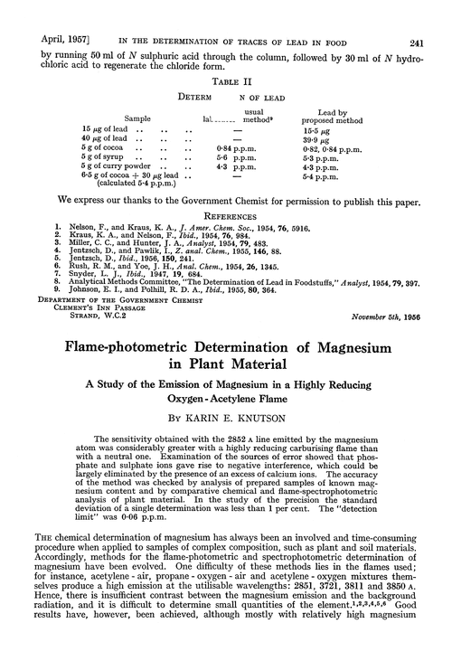 Flame-photometric determination of magnesium in plant material. A study of the emission of magnesium in a highly reducing oxygen-acetylene flame
